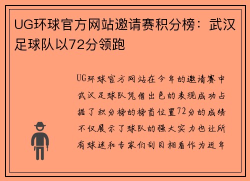 UG环球官方网站邀请赛积分榜：武汉足球队以72分领跑